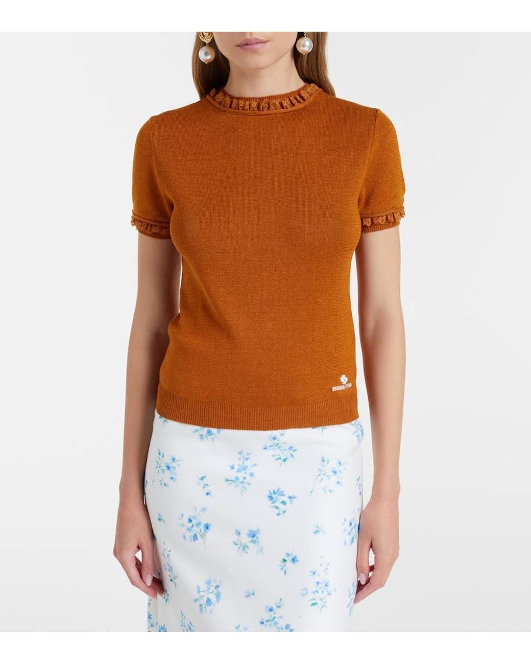 ShuShu/Tong Orange Lace-Trimmed Linen Top