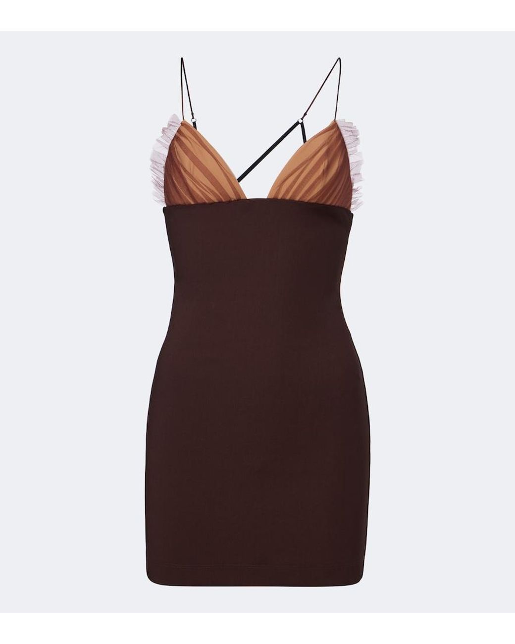 Nensi Dojaka Brown Tulle-Trimmed Ruched Jersey Minidress
