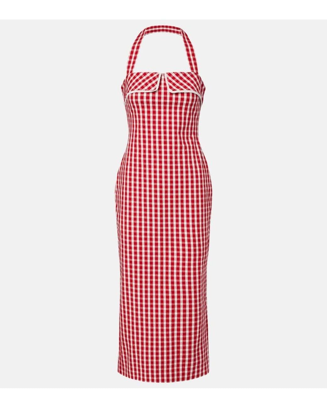 Posse Red Ebony Gingham Lace-Trimmed Cotton-Blend Midi Dress