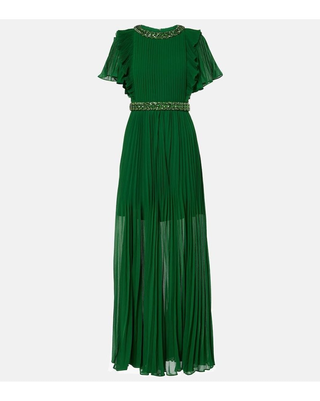 Self-Portrait Green Crystal-Embellished Ruffled Gown