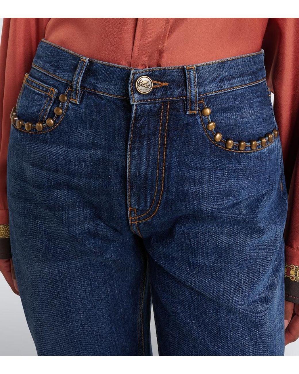Etro Blue Faded Studded Straight Jeans