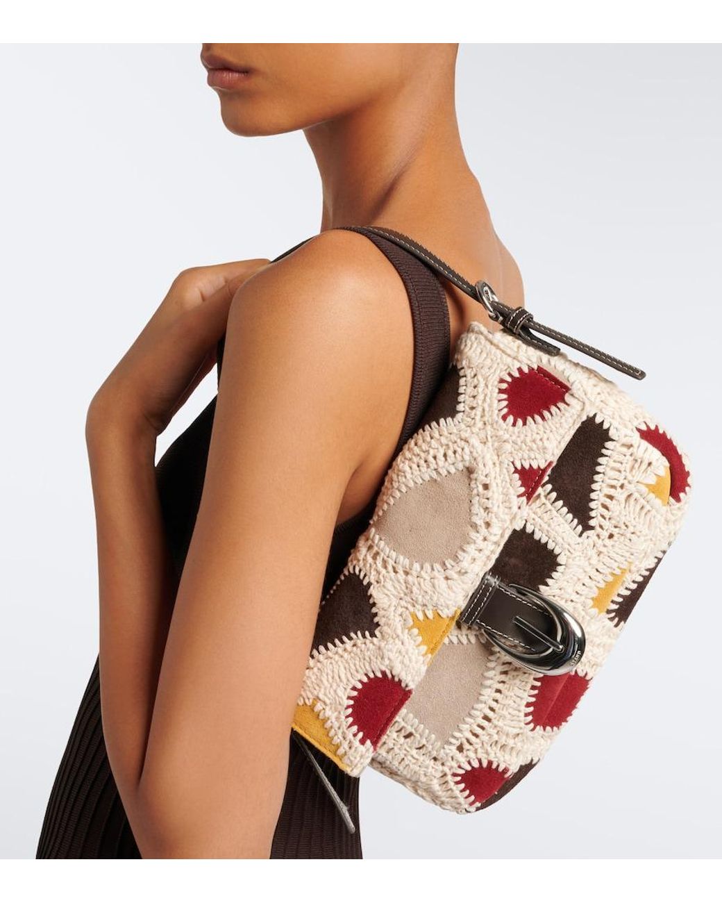 Staud Pink Harlow Small Suede And Crochet Shoulder Bag