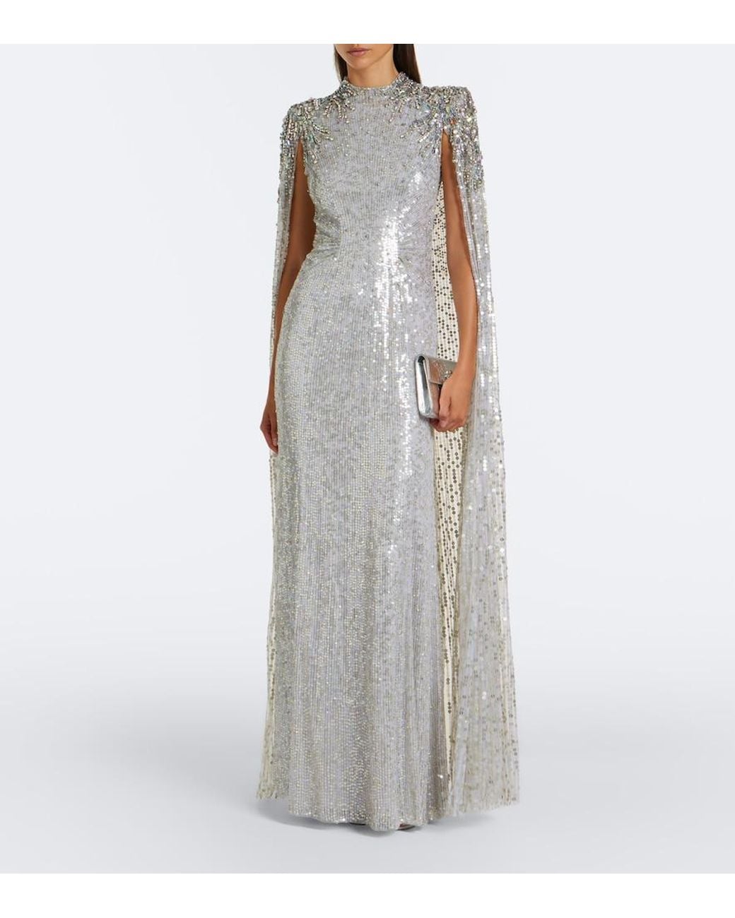 Jenny Packham Gray Dakota Embellished Caped Gown