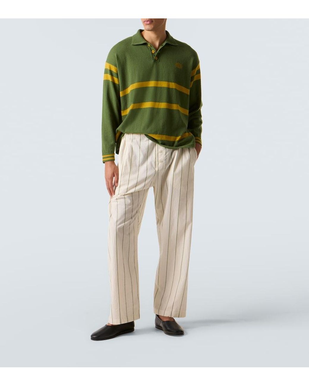 Bode Green Striped Virgin Wool Polo Sweater for men