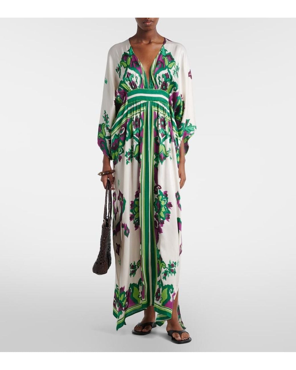 Poupette Green Sol Floral Satin Kaftan