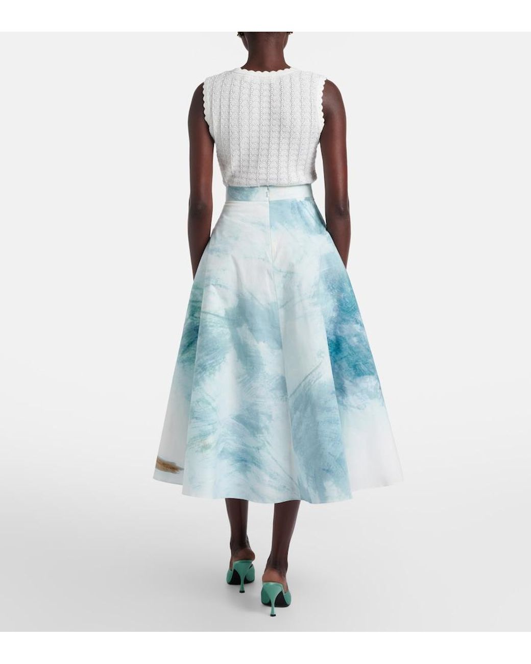 Oscar de la Renta Blue Printed Cotton-Blend Poplin Midi Skirt