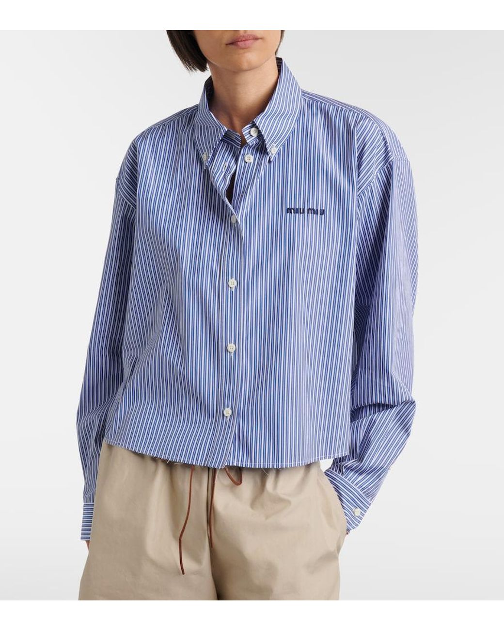 Miu Miu Blue Striped Cropped Cotton Poplin Shirt