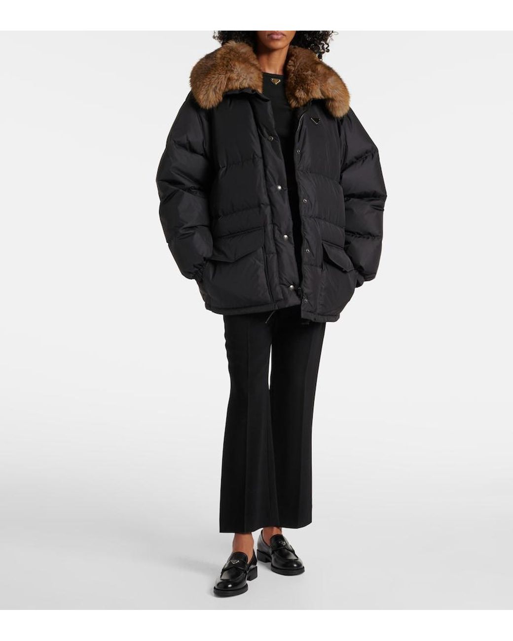 Prada Black Faux Fur-Trimmed Down Jacket