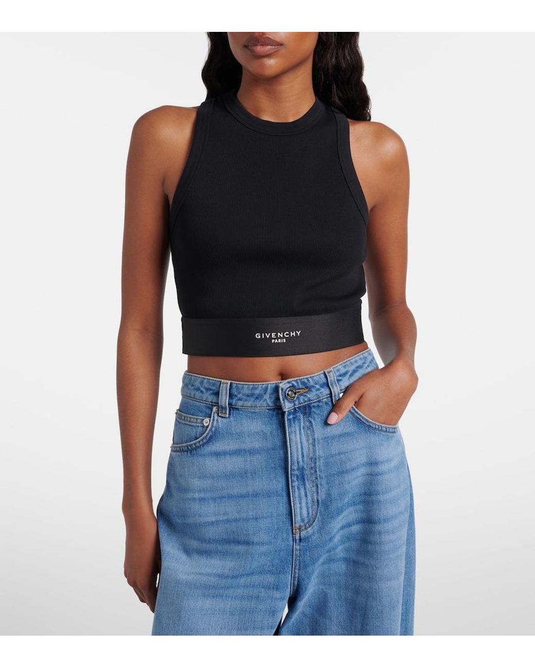 Givenchy Blue Logo Ribbed-Knit Cropped Cotton Tank Top