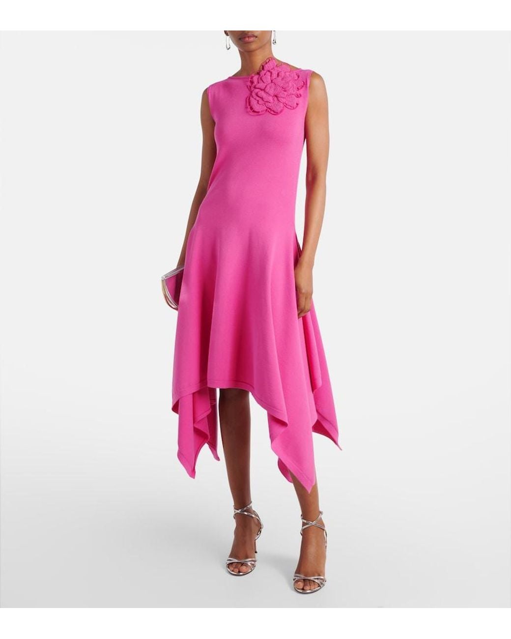 Oscar de la Renta Pink Floral-Applique Asymmetric Cocktail Dress