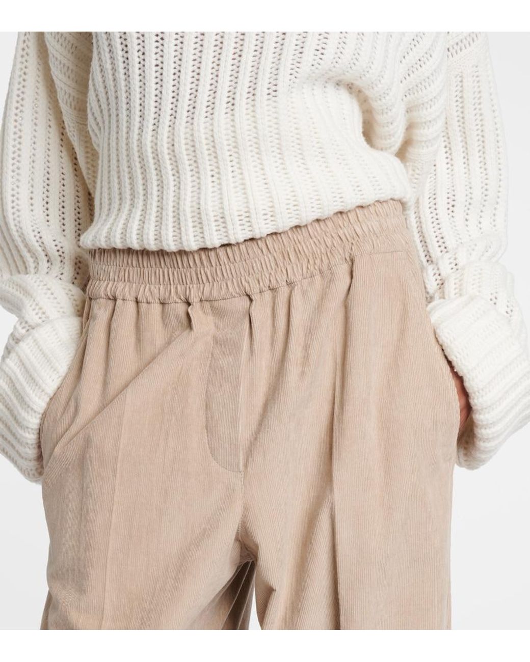 Brunello Cucinelli Natural Cotton Corduroy Wide-Leg Pants