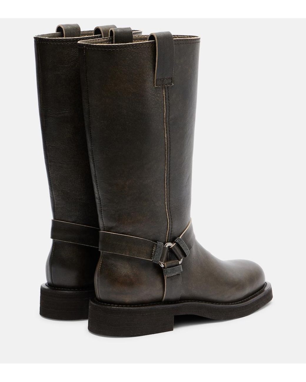 Brunello Cucinelli Black Monili Leather Knee-High Boots