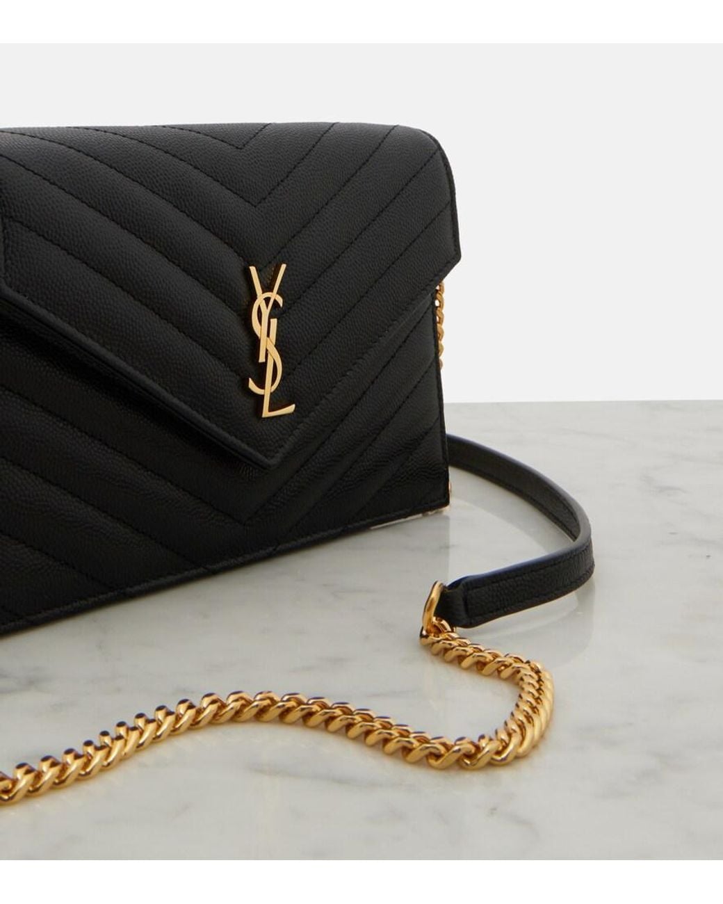 Saint Laurent Black Cassandre Leather Wallet On Chain