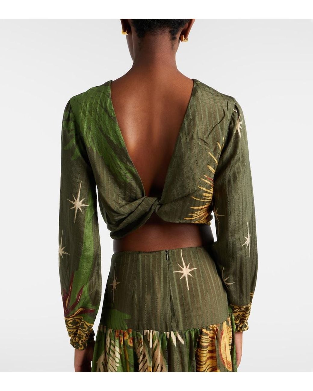 Johanna Ortiz Green Printed Silk And Cotton Jacquard Blouse