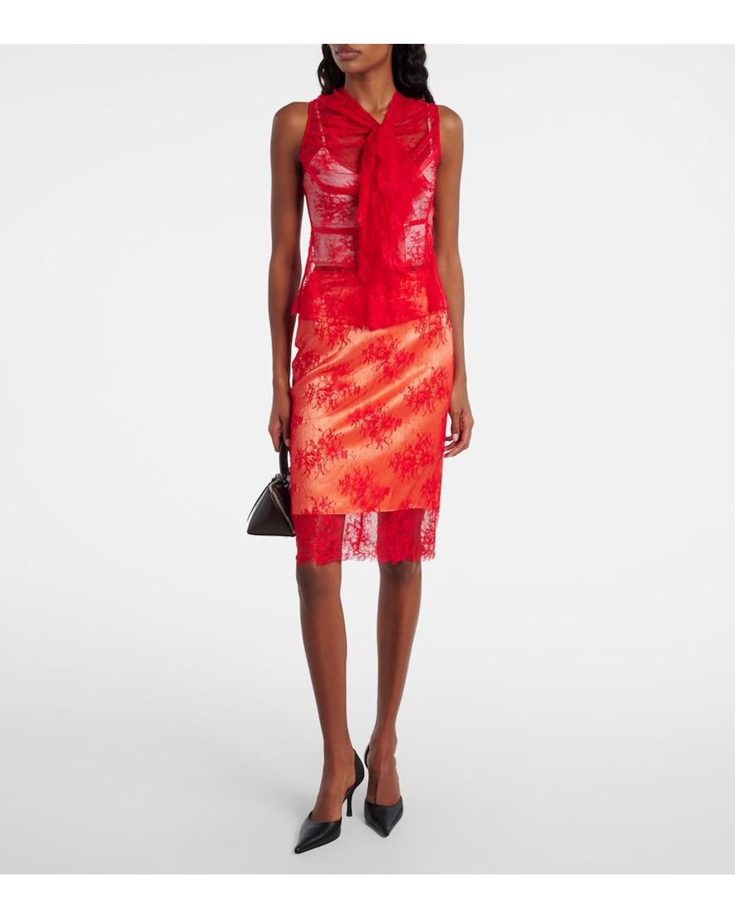 JACQUES WEI Red Tie-Neck Silk-Trimmed Lace Top