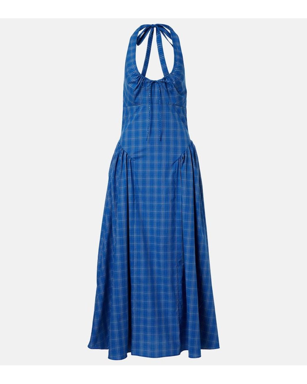 Faithfull The Brand Blue Del Ros Plaid Halterneck Cotton Midi Dress