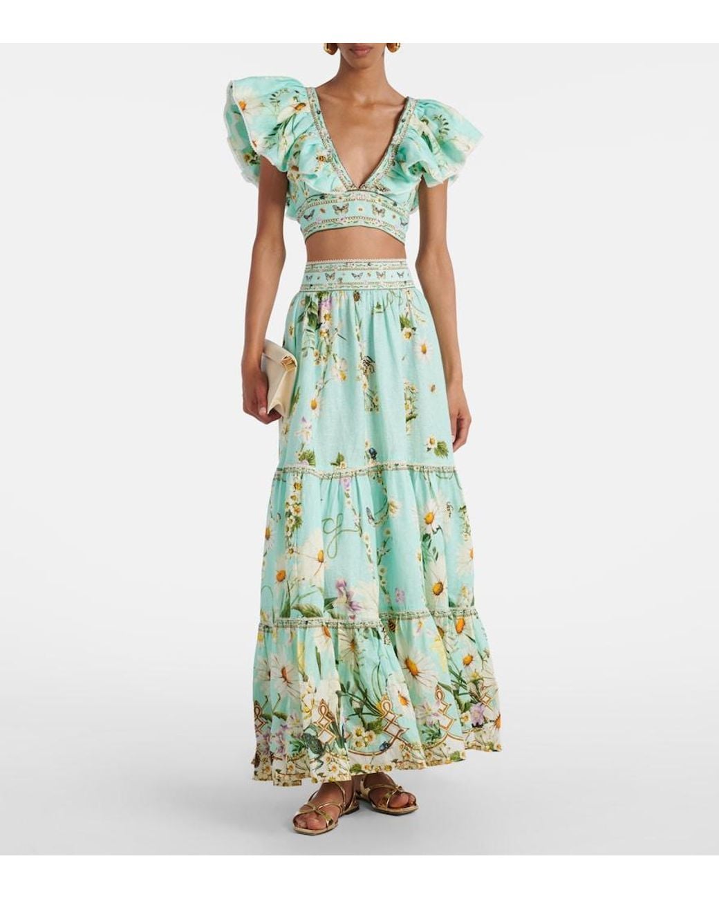 Camilla Green Floral Linen Crop Top