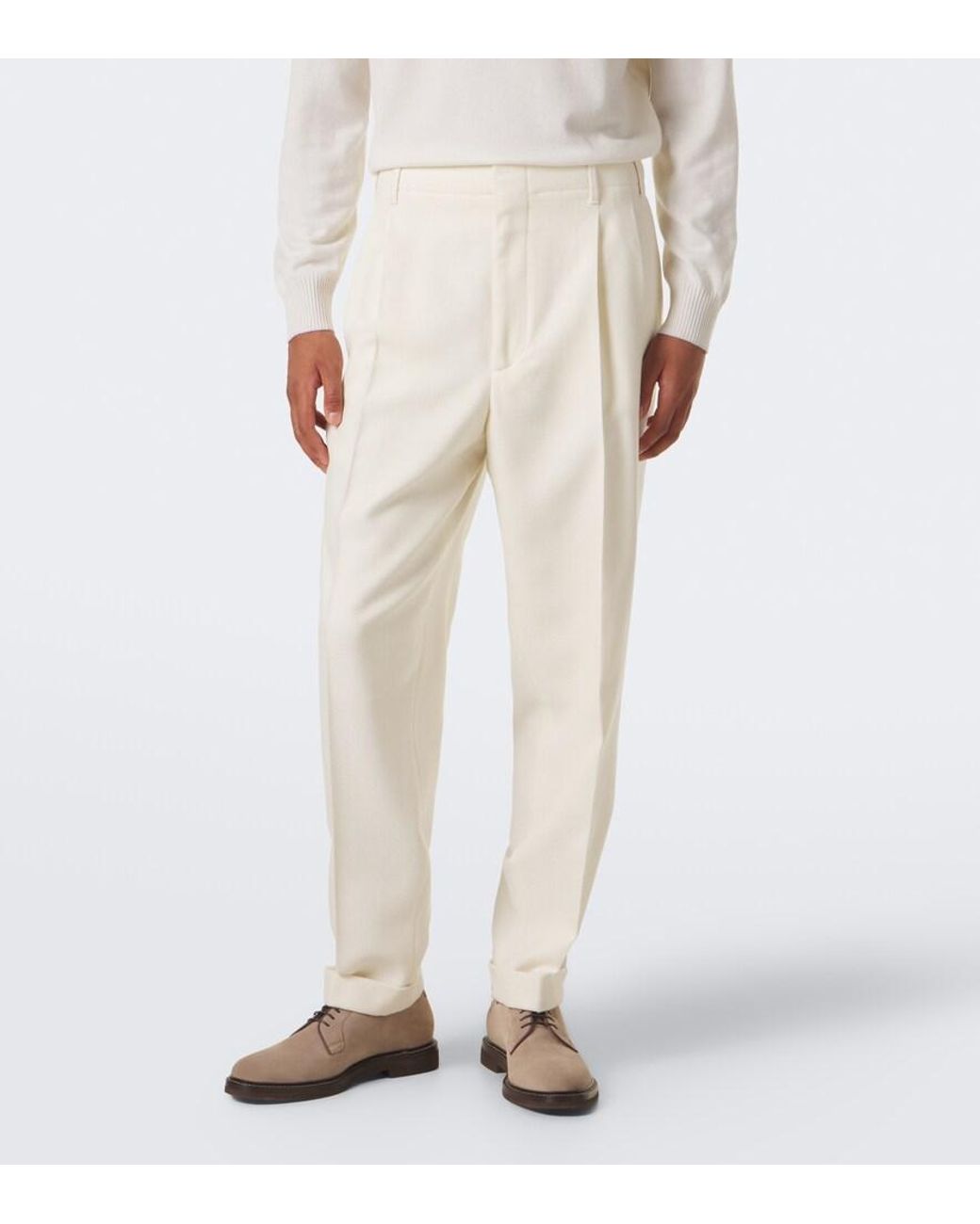 Brunello Cucinelli White Pleated Wool And Cotton Straight Pants for men