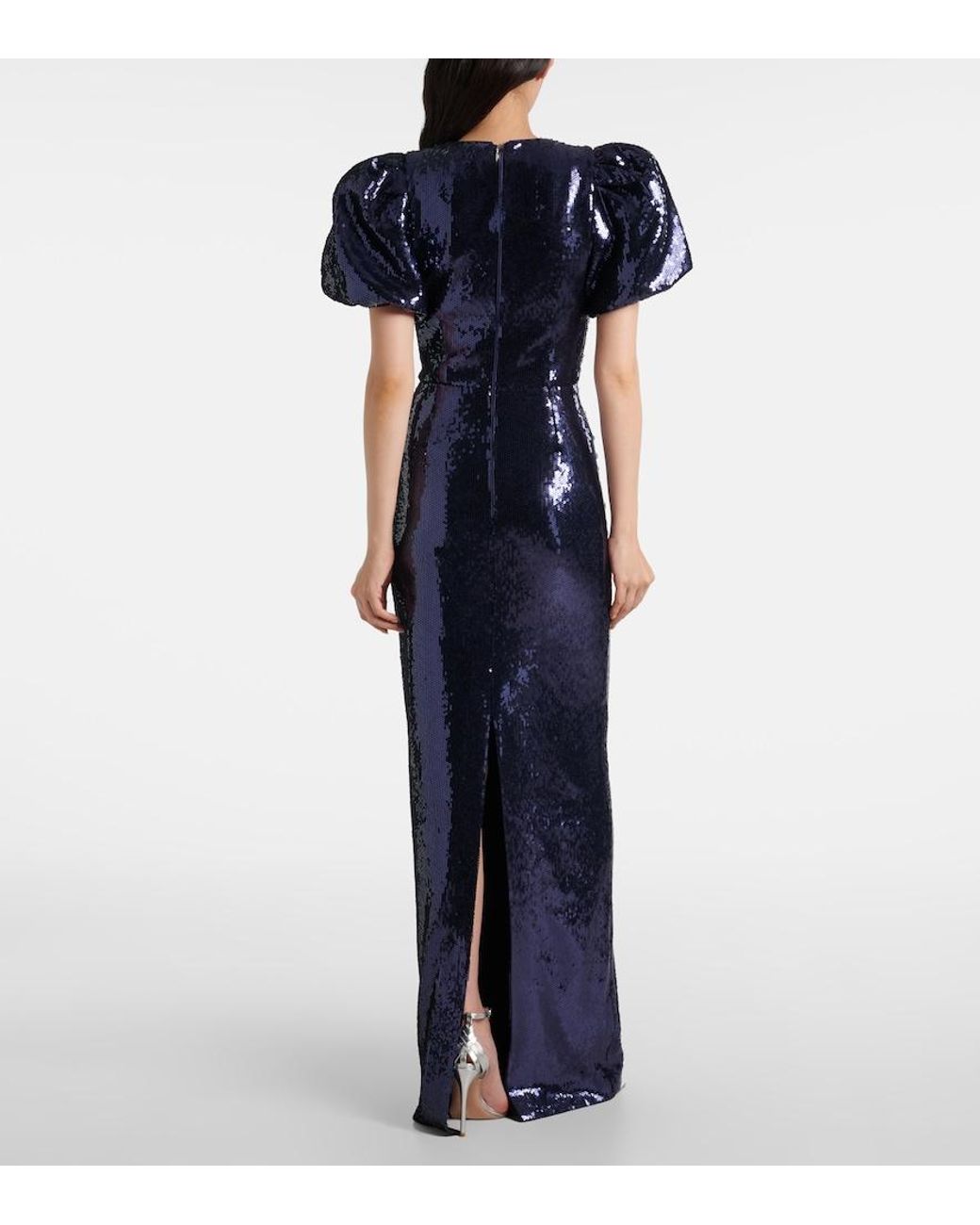Rebecca Vallance Blue Cressida Puff-Sleve Sequined Gown