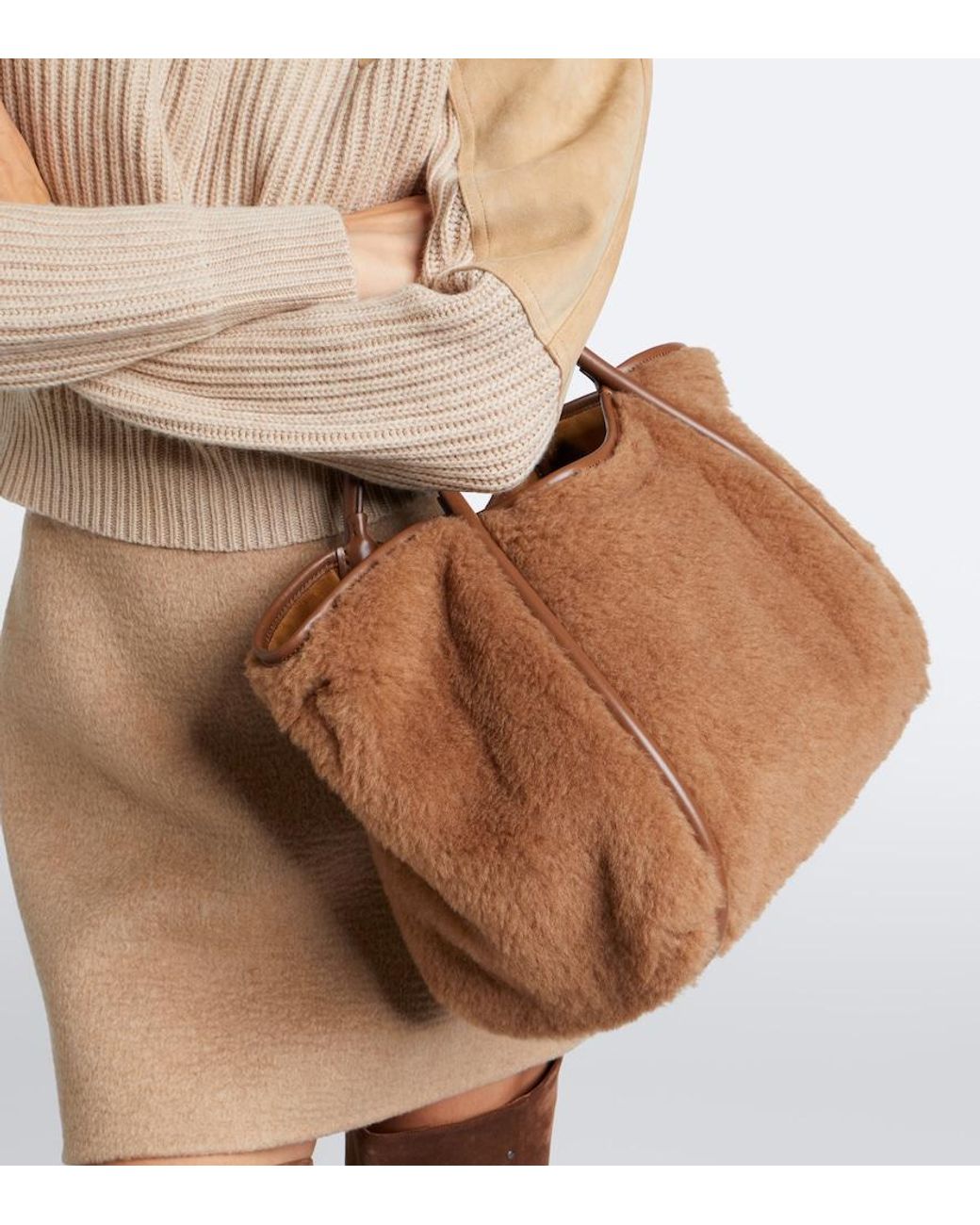 Max Mara Brown Medium Leather-Trimmed Teddy Tote Bag