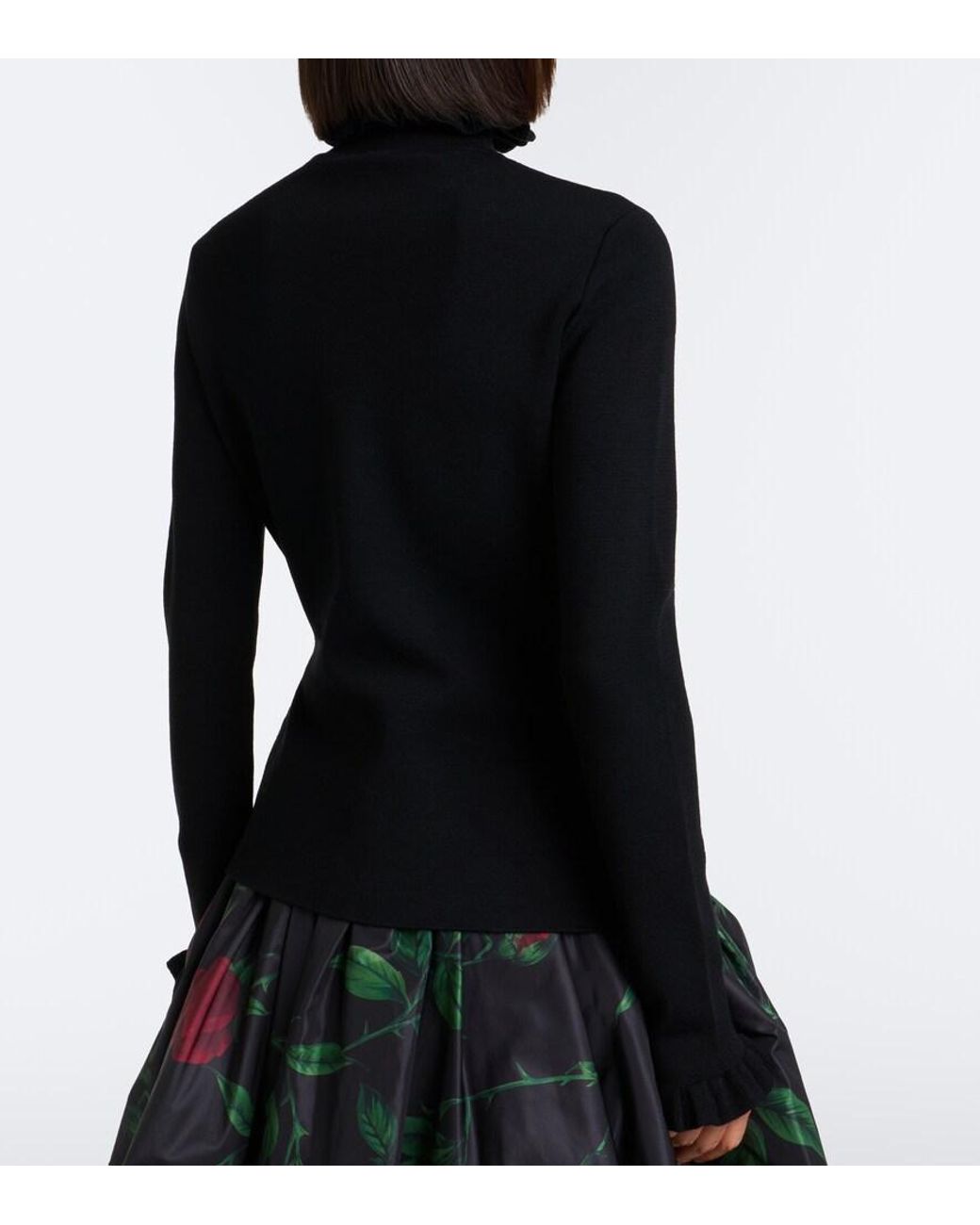Blumarine Black Embroidered Ruffled Virgin Wool Sweater