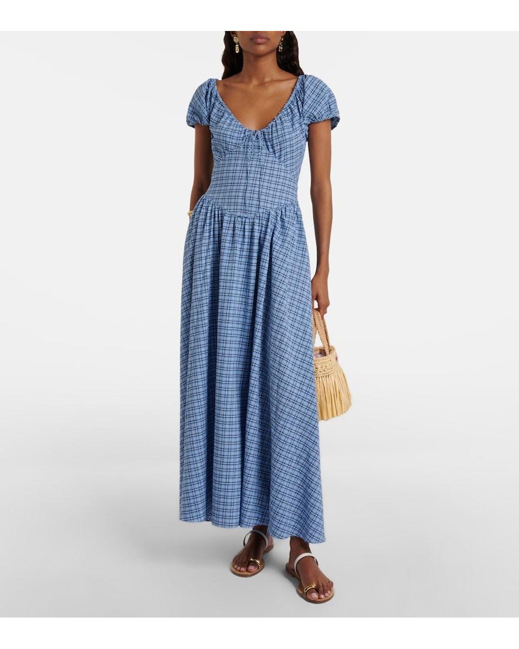 Faithfull The Brand Blue Edessa Checked Cotton Maxi Dress