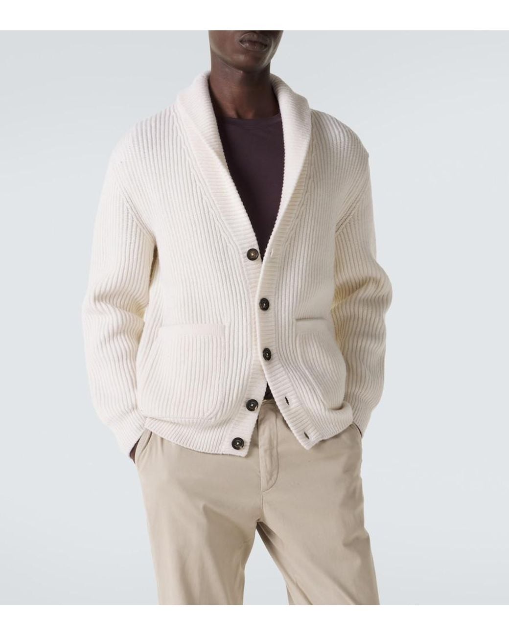 Eleventy White Ribbed-Knit Wool Cardigan for men
