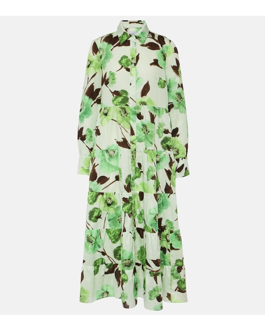 Erdem Green Floral-Print Cotton Midi Shirt Dress