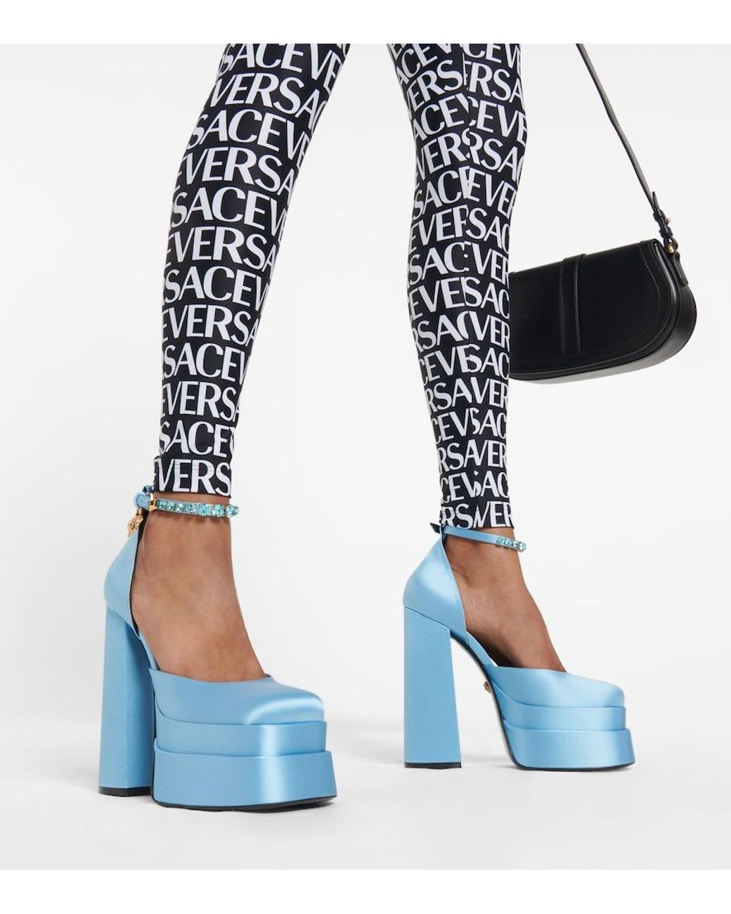 Versace Blue Medusa Aevitas Embellished Satin Platform Sandals
