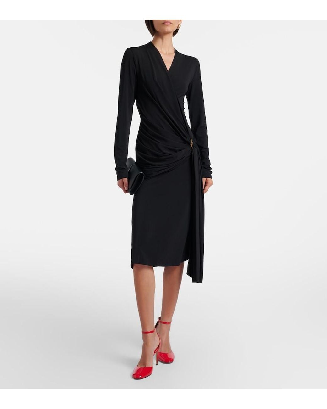 Ferragamo Black Draped Jersey Midi Dress