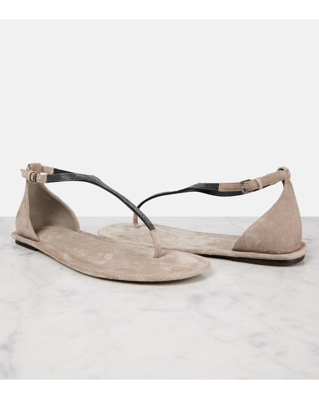Brunello Cucinelli White Monili Suede Thong Sandals