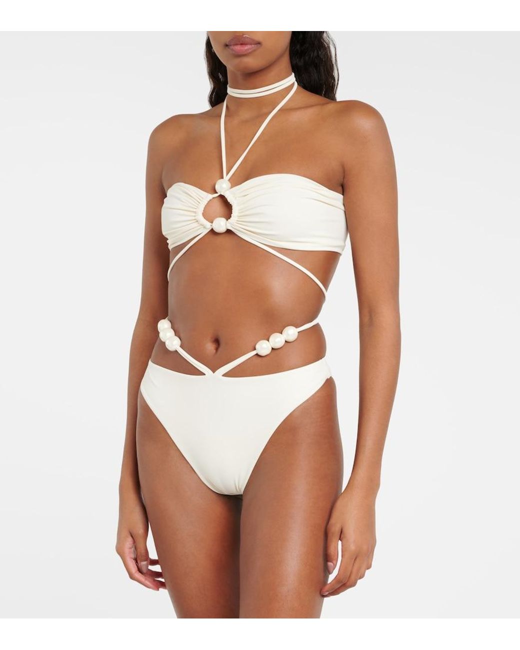 Magda Butrym White Beaded Bandeau Bikini Top