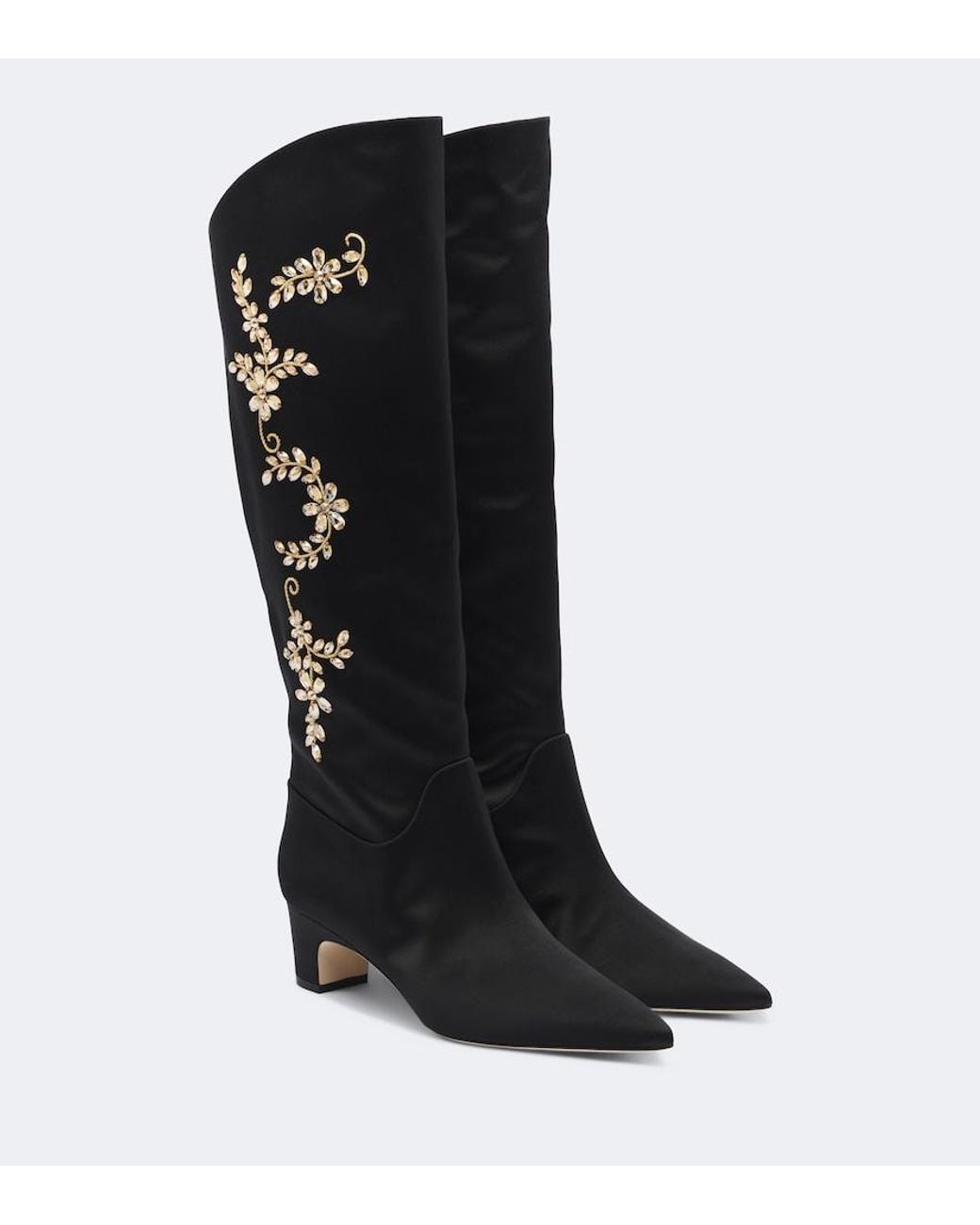 Manolo Blahnik Black Dispasa Embellished Satin Knee-High Boots