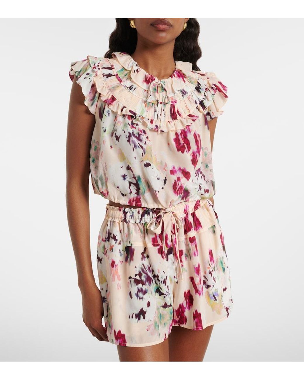 Ulla Johnson Pink Eleonore Floral Ruffled Silk Crop Top