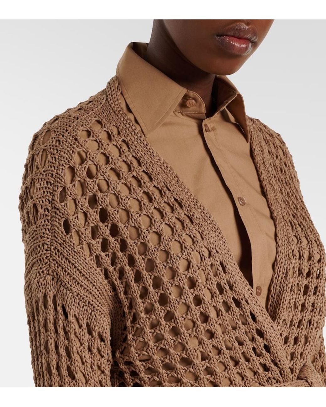 Max Mara Brown Gelo Open-Knit Cotton Wrap Cardigan