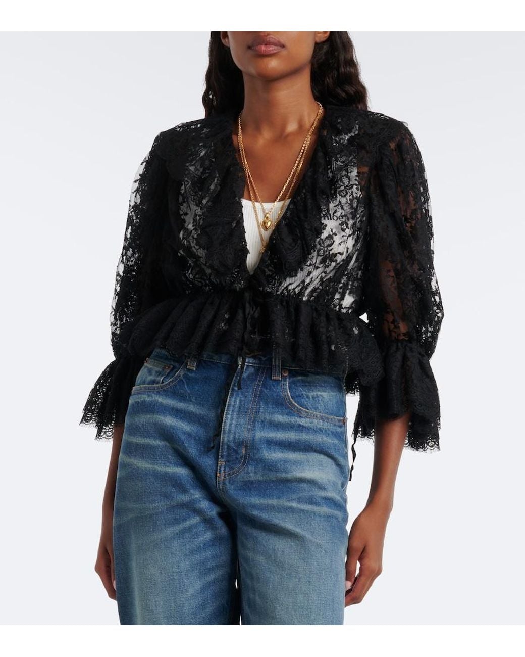 Chloé Black Semi-Sheer Cotton-Blend Lace Blouse