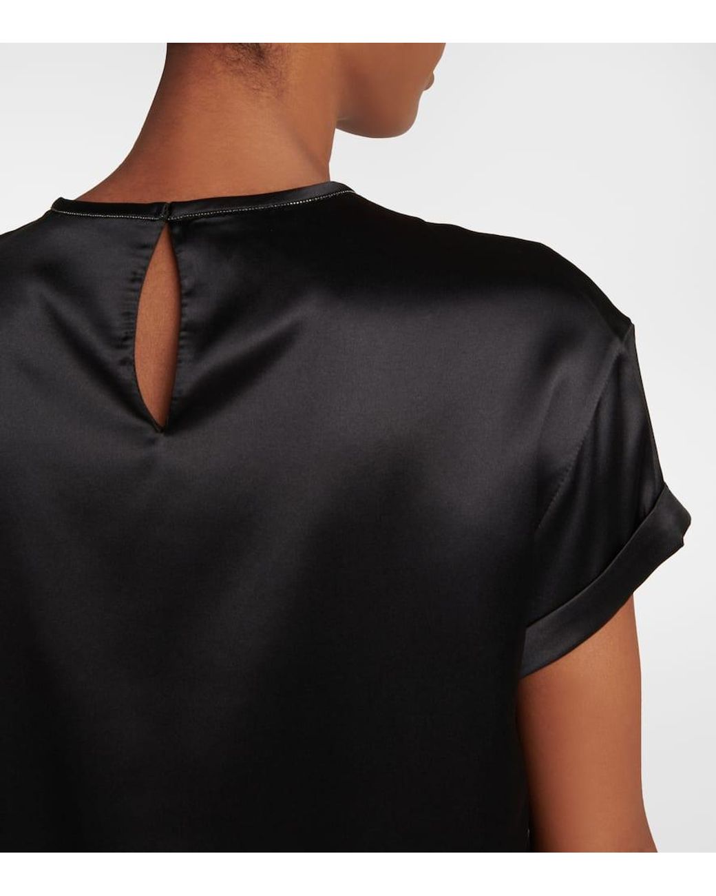 Brunello Cucinelli Black Embellished Silk-Blend Satin T-Shirt