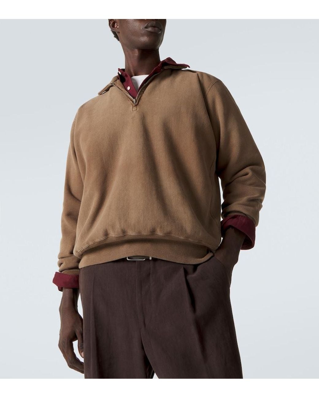 A.PRESSE Brown Cotton Fleece Half-Zip Sweatshirt for men