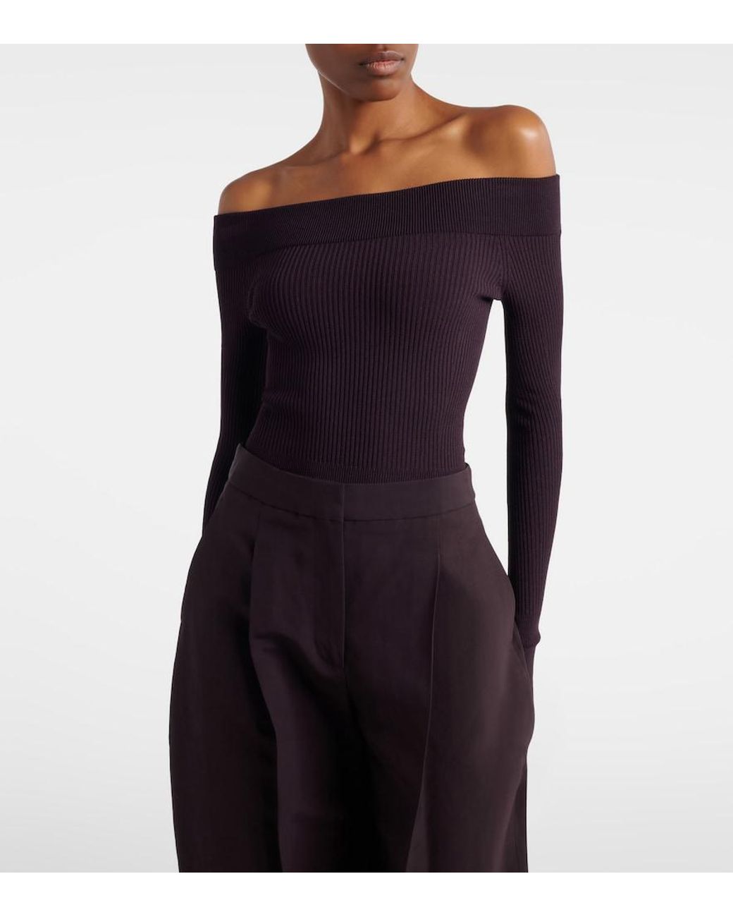 Alaïa Blue Ribbed-Knit Off-Shoulder Bodysuit
