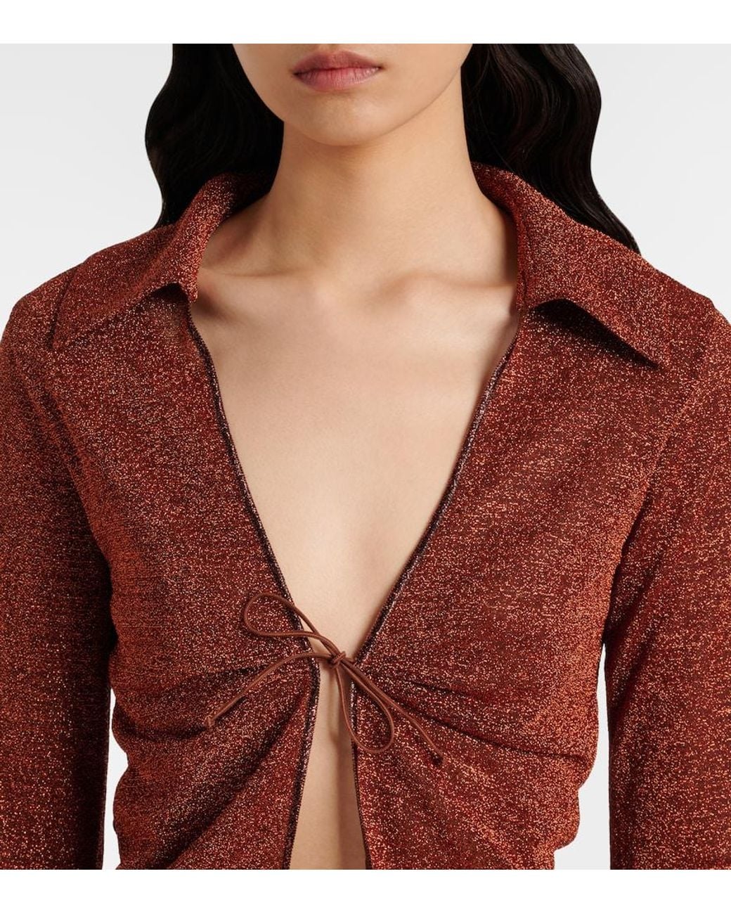 Oseree Brown Lumiere Plumage Feather-Trimmed Blouse