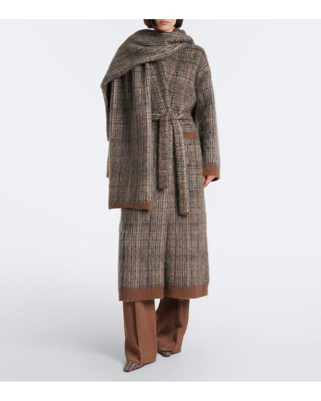 Brunello Cucinelli Brown Checked Scarf-Detail Mohair-Blend Wrap Coat