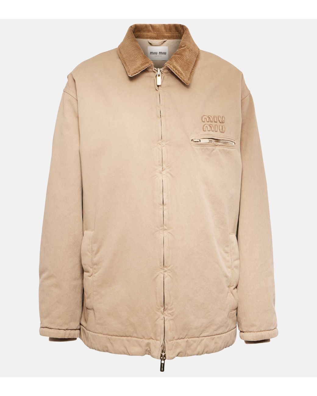 Miu Miu Logo Cotton Gabardine Blouson Jacket in Natural | Lyst UK