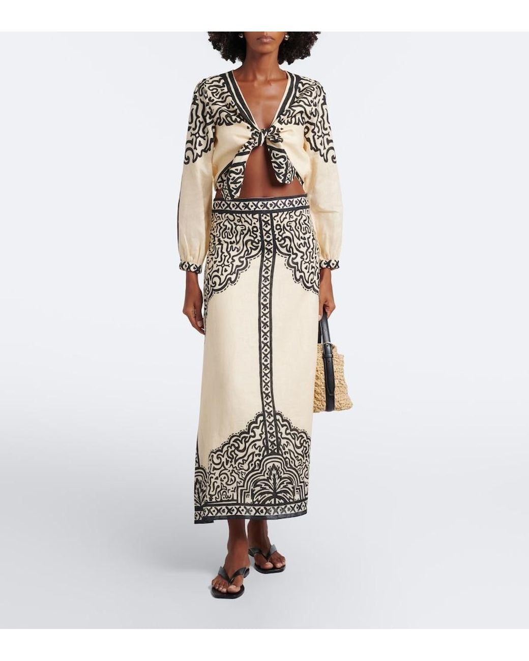Johanna Ortiz White Loose Horizon Printed Linen Maxi Skirt