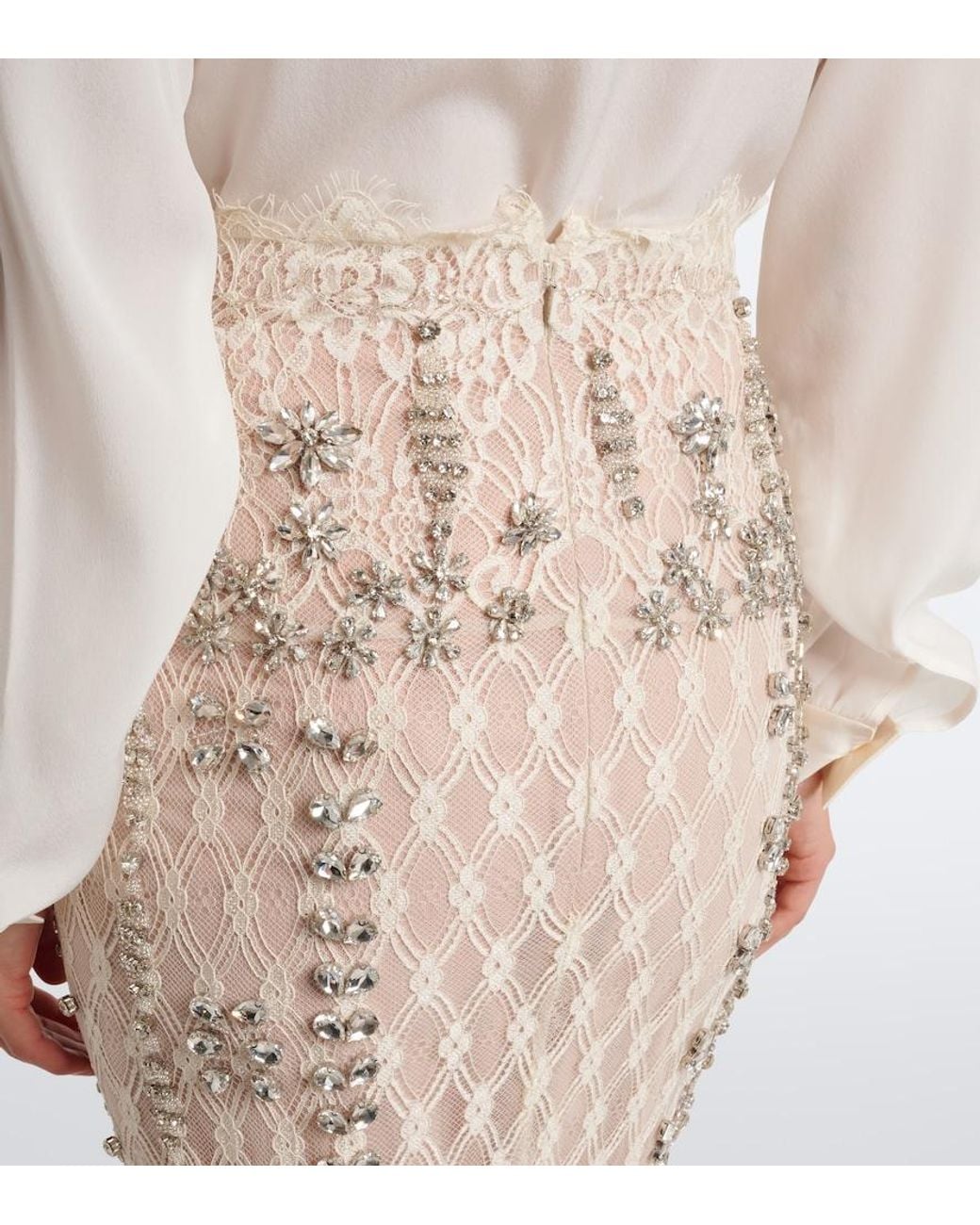 Costarellos Natural Dena Embellished Lace Pencil Skirt