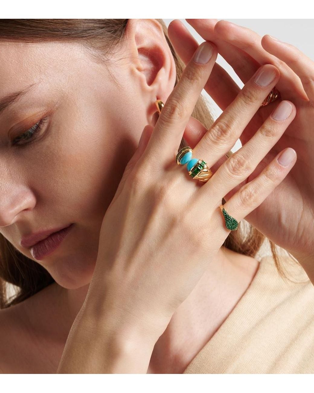 David Yurman Green Petite Pave 18Kt Pinky Ring With Emeralds