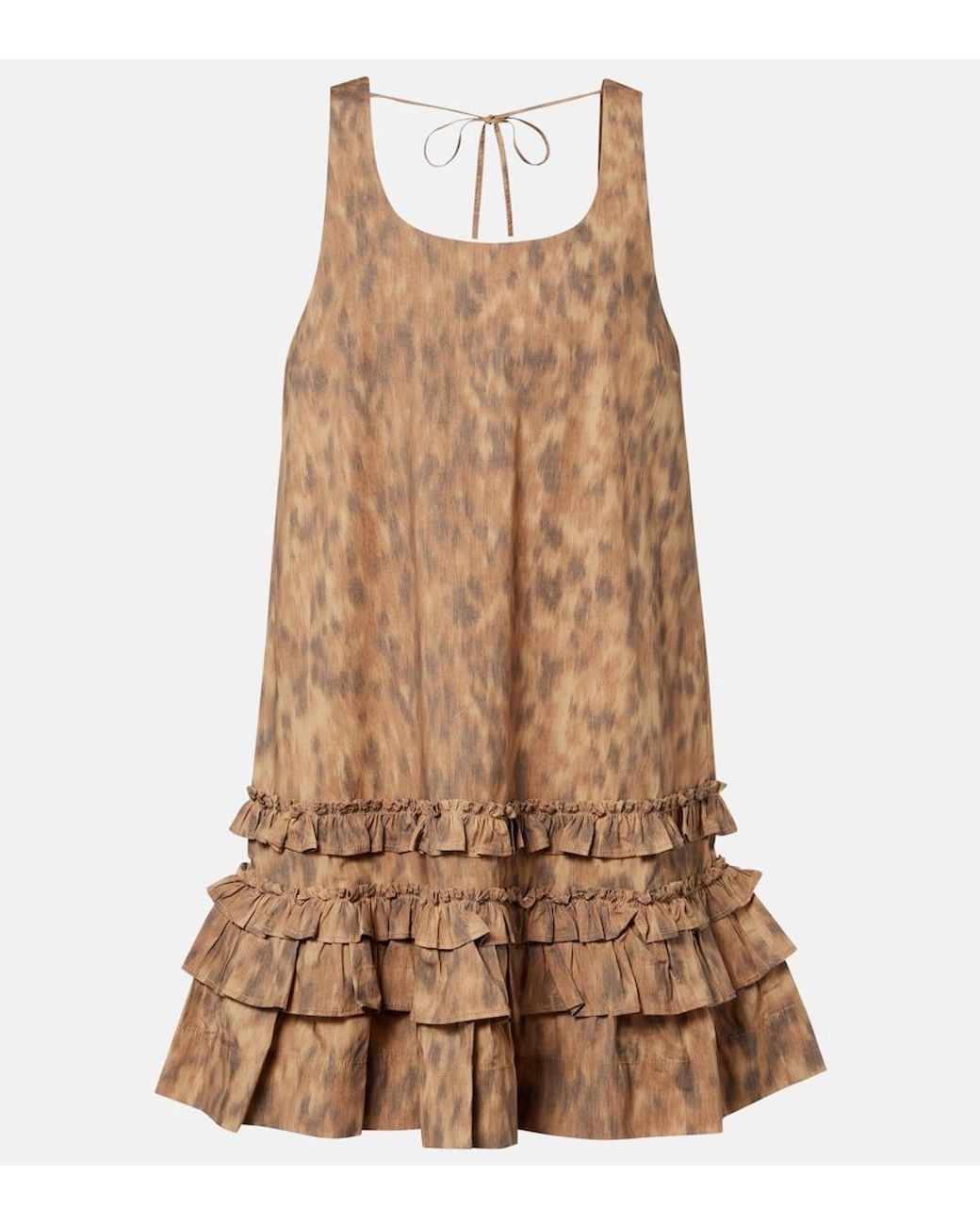 Ganni Brown Ruffled Printed Cotton Minidress