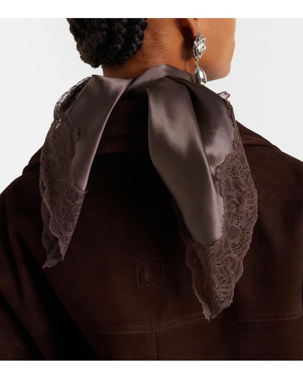 Magda Butrym Brown Lace-Trimmed Silk Satin Scarf