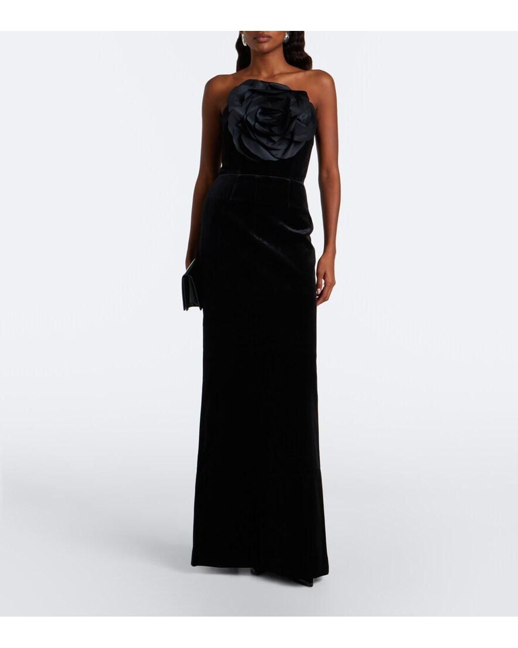 Rebecca Vallance Black Lois Floral-Applique Strapless Gown
