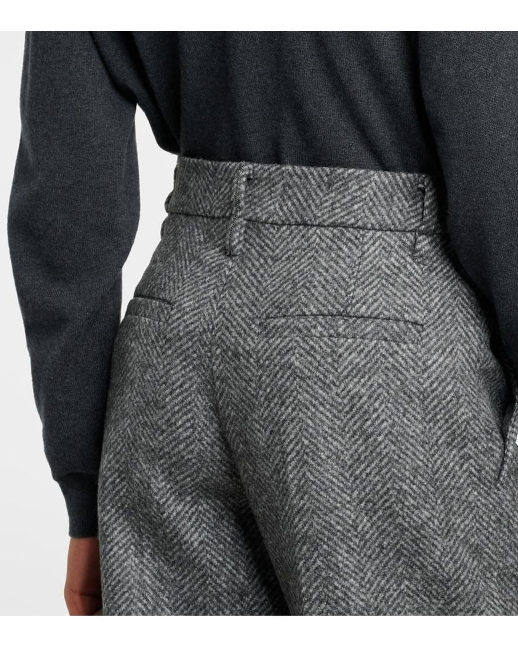 Brunello Cucinelli Gray Herringbone Wool-Blend Flared Pants