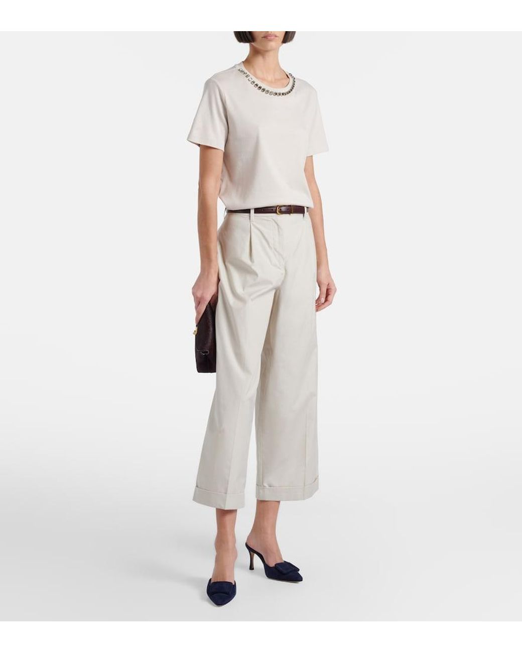 Max Mara Natural Bingo Embellished Cotton-Blend T-Shirt